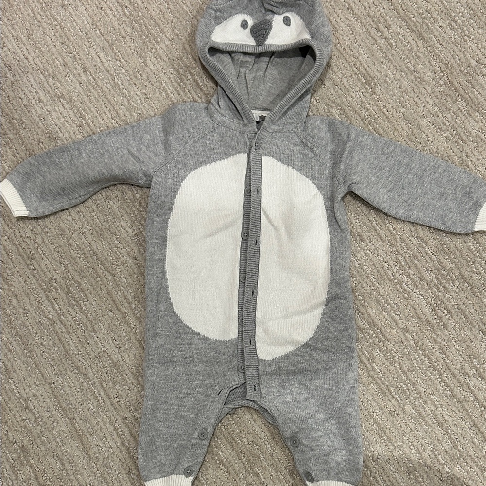 The Little White Company Cozy Gray Penguin Hooded Baby Onsie